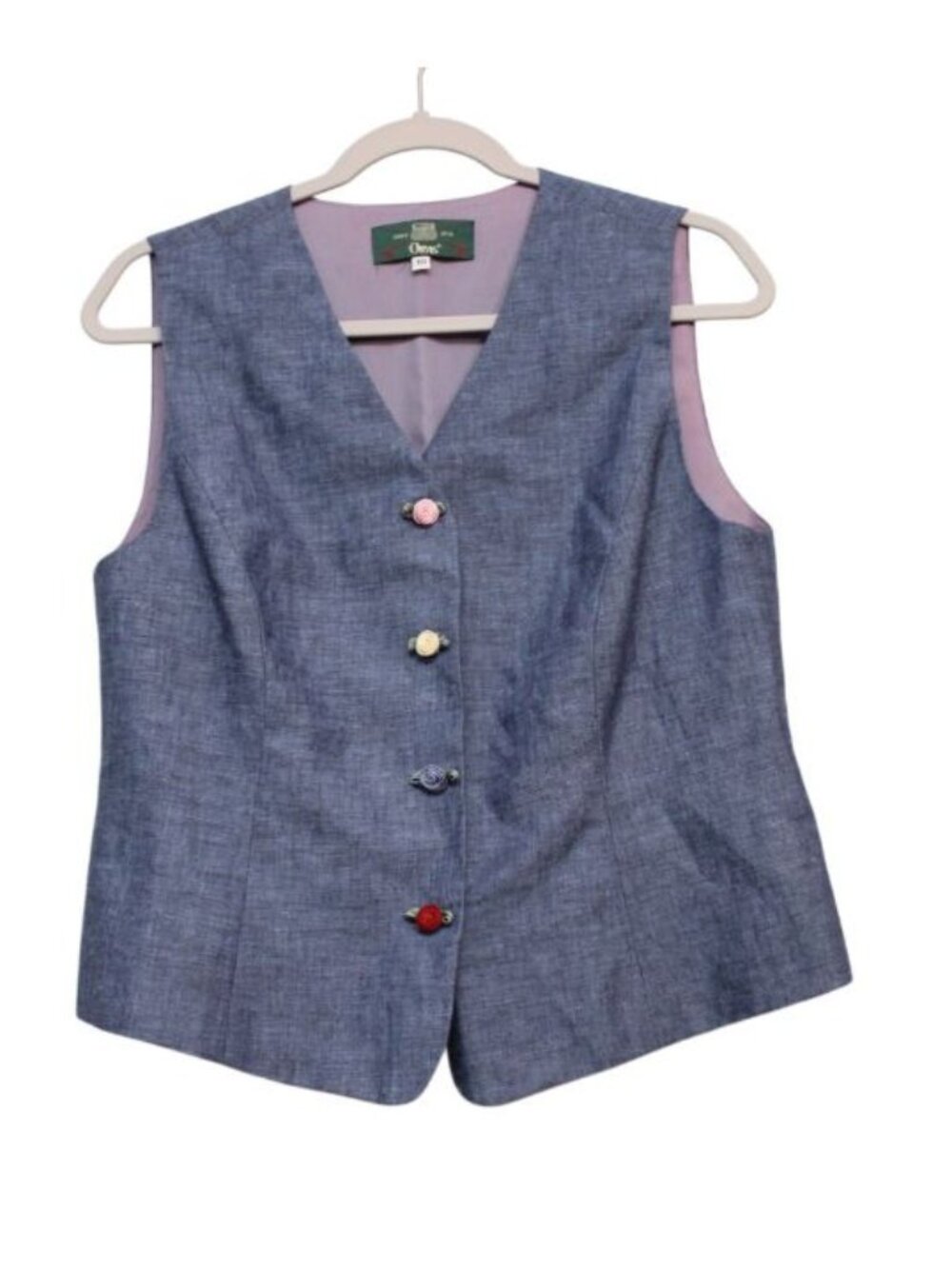 Vintage 90s Orvis Vest Size 10 Chambray Linen Floral Snaps Grandmacore Colorful